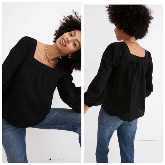 Madewell Square-Neck Bubble-Sleeve Top in Plaid-True Black   Size: S - Picture 1 of 9